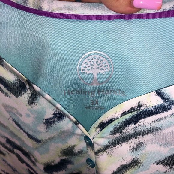 Healing Hands two button Jewel Neck blue and green patterned Scrub top - Picture 6 of 9